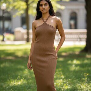VECEUR Women's M Cinnamon Brown Halter Ribbed Knit Sweater Midi Dress BodyCon